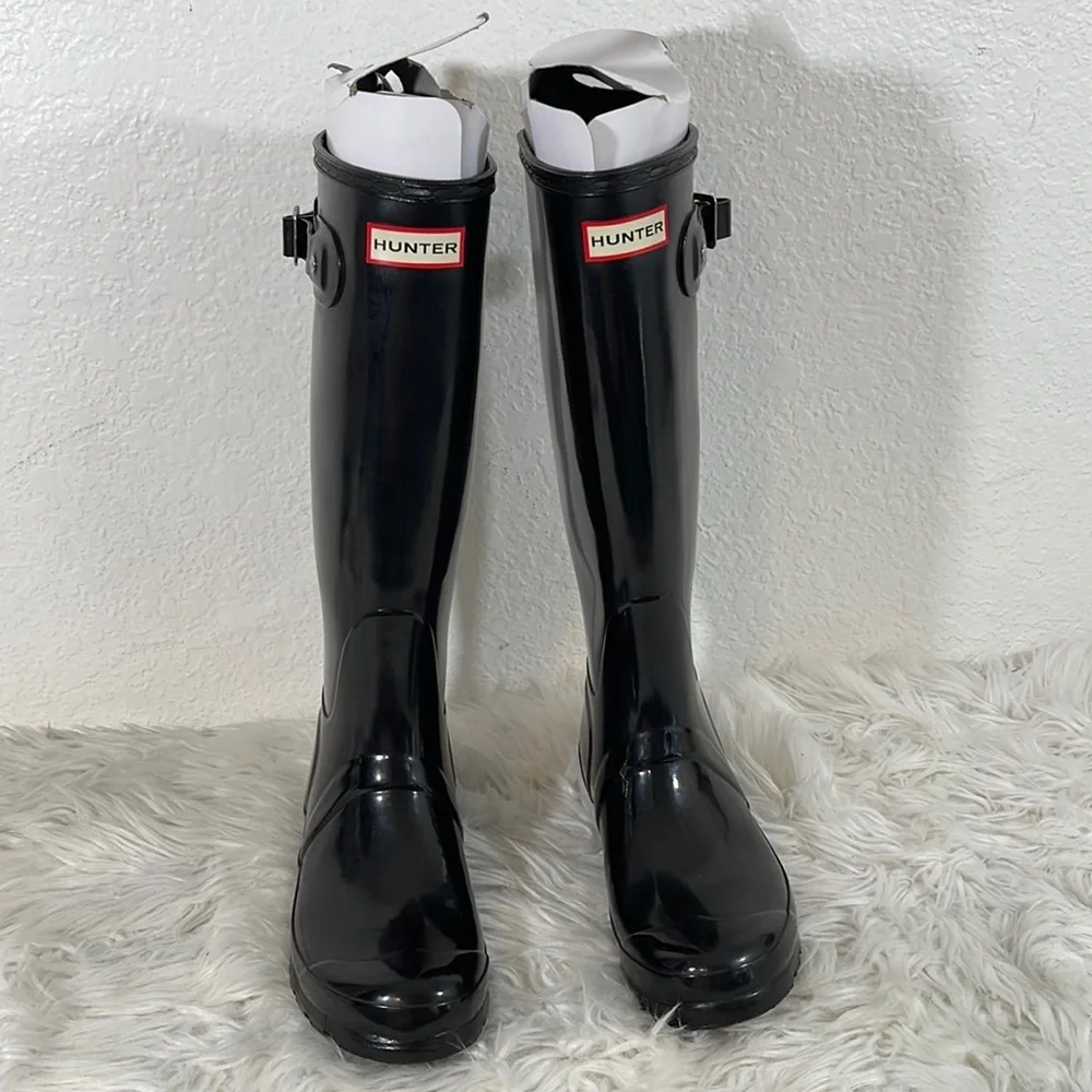 HUNTER Original Tall Black Gloss Rain Boots Waterproof 
Size 7 New - Picture 2 of 16